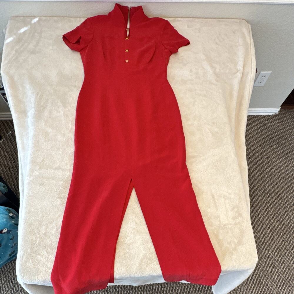 Dana Buchman Women’s Red Silk Woven Collared Short Sleeve Jumpsuit 8 Zip